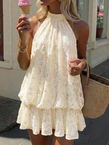 Opulessa Đầm ngắn trễ vai màu trơn đính cườm dành cho nữ, thích hợp cho mùa xuân/hè. - Màu be - Xem 3