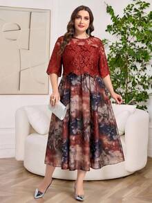 Reflora Plus Size Elegant Lace Patchwork Floral Print Vacation Dress - Burgundy - View 5