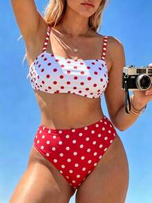 Swim Vcay Plus Size Women's 2026 New Summer Beach Vacation Colorblock Polka Dot Print Detachable Strap Bikini Set - Multicolor - View 4