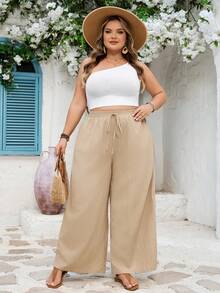 SHEIN CURVE+ Curve Size US22 音樂節海邊度假波希米亞風 柔和版型 2件組休閒紋理百褶褲 微透 秋季 淺藍色卡其色 - 彩色 - 查看 9