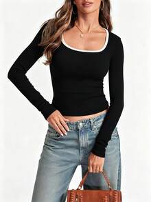 INAWLY Women's Casual Crew Neck Long Sleeve Tee, Spring & Summer For Spring Fall - Black - View 4