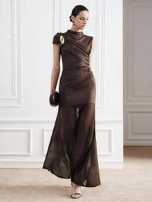 Aveloria Modichic Women's Metal Buckle Ruched Single Sleeve Sheer Mesh Patchwork Waist Dress, Suitable For Evening Parties, Fashion Shows, And Upscale Gatherings - Brown - View 7
