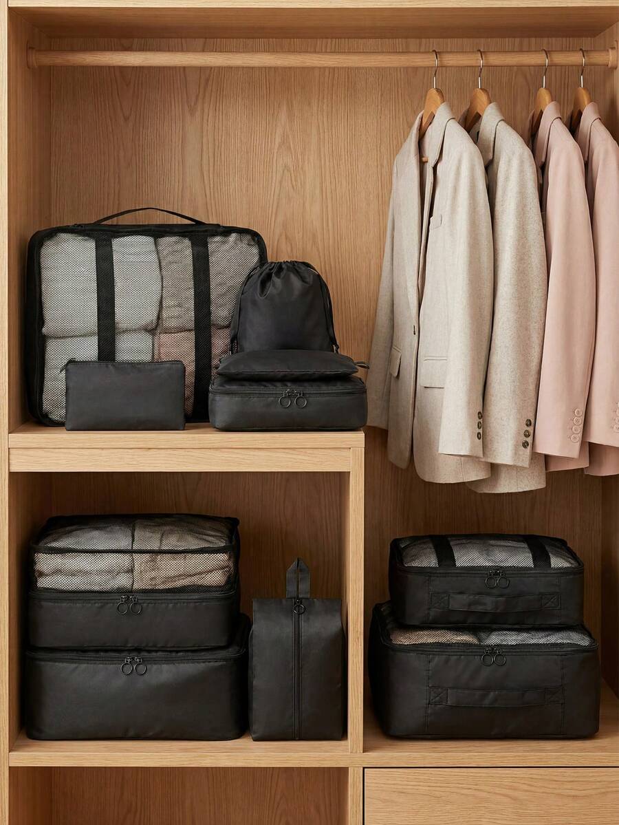 7pcs Travel Packing Bags, Large Capacity Multi-Function Zipper Storage Bags, Hand-Held Travel Bag, Storage Bag, Mesh Bag, Shoe Bag, Bottle Sleeve, Drawstring Bag, General Bag, Luggage Bag, Underwear Storage Bag, Hospital Bag, Shirts, Underwear, Clothes,Easy To Pack, Business Trip, Travel For Holiday - Black - View 1