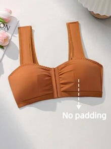 SHEIN Women's Minimalist Solid Color Ruched Front Closure Wide Strap Bra - Brown - View 6