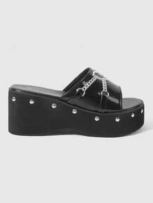 ROMWE Grunge Punk Sandal cao gót nữ đế bánh mì tăng chiều cao 2026 mẫu mới, PU tối màu, đính xích tình yêu, phong cách sang chảnh, gót cao muffin, phối chân váy, dép siêu hot cho nữ mặc mùa hè - màu đen - Xem 6
