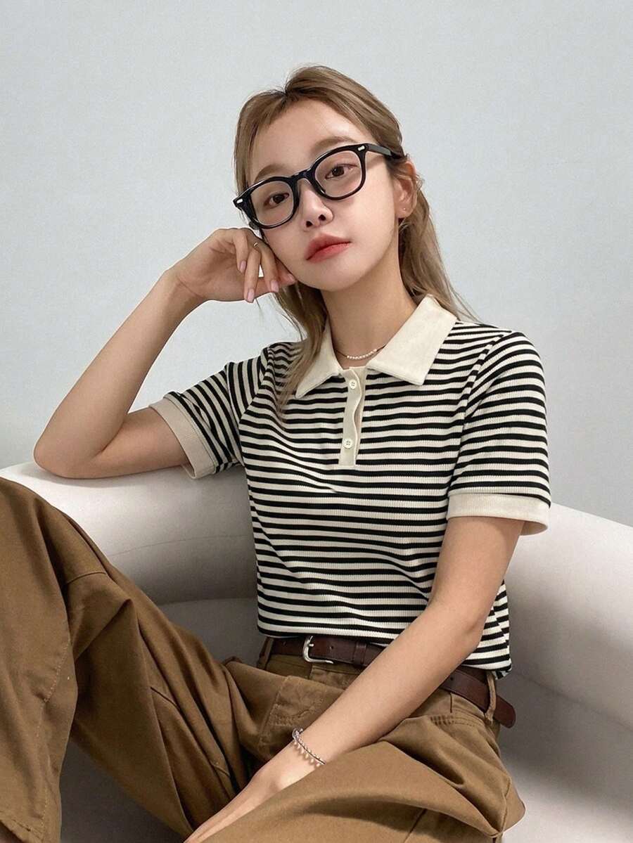 DAZY 韩版翻领条纹休闲短袖T恤(女童款) - 黑與白 - View 1