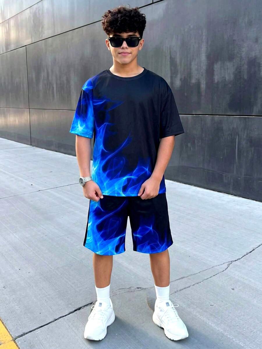 青少年男孩黑色夏季街頭風套裝,火焰漸層印花圓領短袖T恤與短褲2件組,休閒返校服飾 - 綠色 - 查看 1