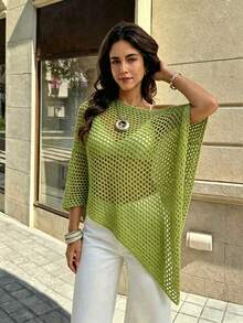 SHEIN Holidaya Women's Solid Color Hollow Casual Versatile Daily Wear Sweater - Mint Green - View 3