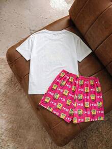 SpongeBob SquarePants | SHEIN Women's Cute Cartoon Letter Print Short Sleeve T-Shirt And Shorts Pajama Set, Summer - Hot Pink - View 2