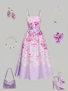 SHEIN MOD 女士碎花中长连衣裙 - 紫色 - 查看 2