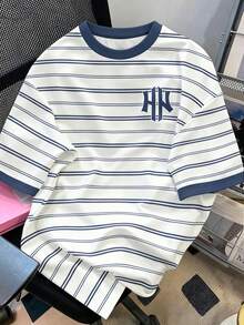 Manfinity Hypemode Áo thun cổ tròn tay ngắn kẻ sọc xanh trắng kiểu Mỹ cổ điển với logo NY, áo thun in hình phong cách đường phố, áo thun unisex, phù hợp cho mặc hàng ngày, đi nghỉ mát và mặc thường ngày. - Nhiều màu - Xem 1