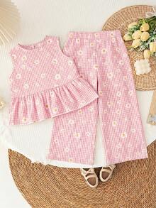 SHEIN LMoss Kids LMoss 女童纯色圆领宽松休闲上衣长裤套装，夏季 - 粉色 - 查看 2