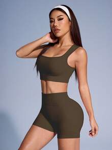 Easithlete Easithlete Conjunto de top de chaleco deportivo y shorts de unicolor acanalado para mujeres, conjunto de ropa deportiva para mujeres - Óxido marrón - Ver 6
