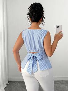 Elenzga Camisa de Moda Listrada sem Mangas Plus Size para Mulheres - Azul e Branco - Visão 3