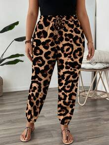 SHEIN PETITE CURVE 大码抽绳腰带运动裤，慢跑裤，宽松版型 - 黑色 - 查看 5