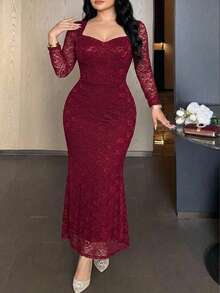 Feyla Vestido elegante de manga larga, cuello de corazón y ajustado para mujer de talla grande - Burdeos - Ver 7