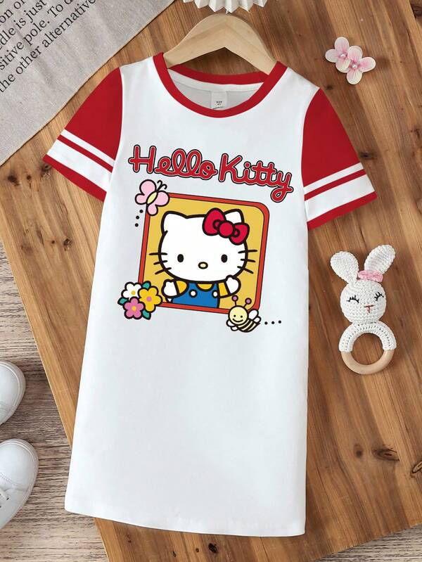 HELLO KITTY AND FRIENDS | SHEIN Young Girl Striped Cartoon Character Print Contrast Color Round Neck Short Sleeve Dress