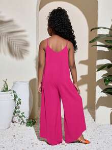 SHEIN Tween Girls' V-Neck Strap Patchwork Wide Leg Flare Jumpsuit, Vacation Wear For Spring/Summer - Hot Pink - View 2