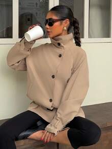 Muchica Áo khoác dáng dài thời trang màu kaki cổ cao, tay raglan, cài cúc phía trước. - Màu Khaki - Xem 7