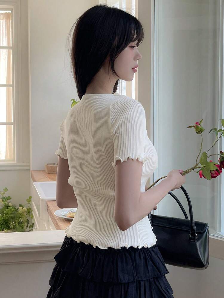 Solid Color Contrast Lace Short Sleeve Casual Vacation Lightweight Cardigan For Women, Summer