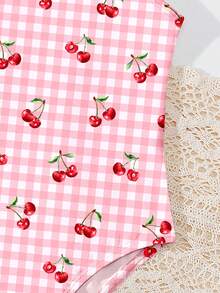 Cute & Sweet Nimitz Cherry Plaid, Young Girls Casual Minimalist One-Piece Swimsuit Suitable For Summer - Multicolor - View 5
