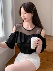 DAZY Mesh Panel Short Sleeve Round Neck Blouse With Ruffle Hem For Women Going Out Tops Summer - Black - View 6