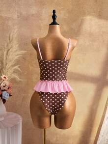 Swim Mod Summer Women's One-Piece Brown Polka Dot Print Splicing Pink Ruffle Detachable Strap Swimsuit For Beach - Multicolor - View 2