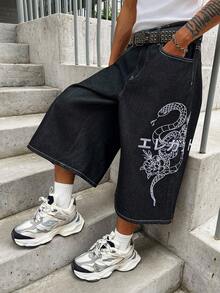 GALLERY FADE Men's Street Style Japanese Snake Print Black Denim Capri Pants - Black - View 5