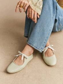Rosivie French Elegant Commuting Round Toe Lace-Up Woven Flat Shoes For Women For Christmas - Light khaki - View 10