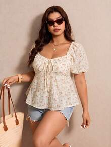 Elaquor Plus Size Women Pink Floral Front Tie Short Puff Sleeve Blouse Vacation Summer Boho - Pink - View 4