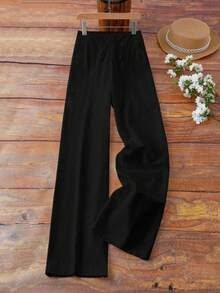 EMERY ROSE Women's Casual French Style Linen-Like Textured Flowy Soft Pocket Pants, Spring/Summer - Black - View 3