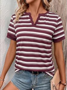 EMERY ROSE White And Burgundy Striped Digital Print Oversized Casual Women T-Shirt, A Gift For Friends Everyday Summer - Multicolor - View 4
