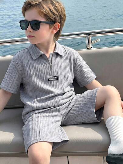 SHEIN 2pcs/Set Kids/Tween Boys Light Grey Waffle Texture Polo Shirt And Shorts Set,Loose Raglan Sleeve Summer Casual Vacation Sports Outfit For School