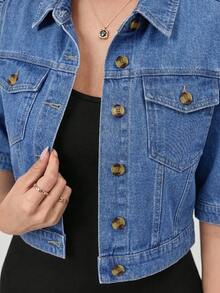 EMERY ROSE Plus Size Solid Color Front Button Casual Short Sleeve Denim Jacket, Summer - Blue - View 5