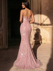 Glamrae Elegant Luxurious Beaded Sequin Ruched Mermaid Hem Dress, Suitable For Weddings, Parties, Vacations, Galas, Formal Occasions (Heavily Embellished) - Dusty Pink - View 2
