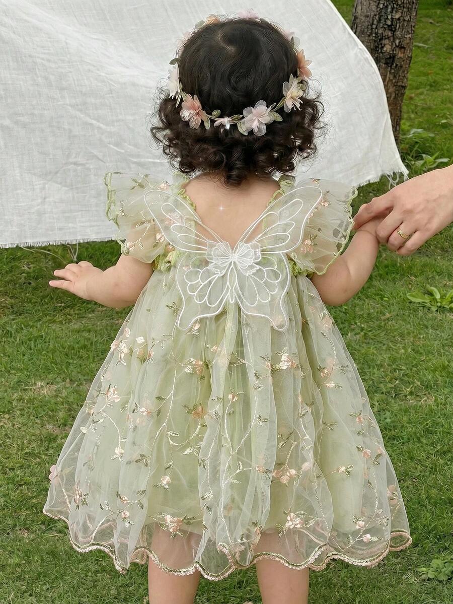 LMoss Kids 女婴纯色方领荷叶边刺绣网纱休闲连衣裙 - 彩色 - 查看 1