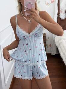 CottageSlumber Women's Romantic Cherry Pattern Lace Decorated Pajama Set - Blue - View 3