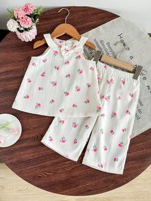 Bộ áo không tay và quần dài thêu jacquard dễ thương, phong cách Hàn Quốc, dành cho bé gái mùa hè. - trắng - Xem 3