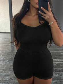 Dazy Plus Plus Size Women Lace Patchwork Camisole & Shorts Pajama Set, Black, Spring/Summer Home Wear - Black - View 4