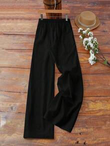 EMERY ROSE Women's Casual French Style Linen-Like Textured Flowy Soft Pocket Pants, Spring/Summer - Black - View 2