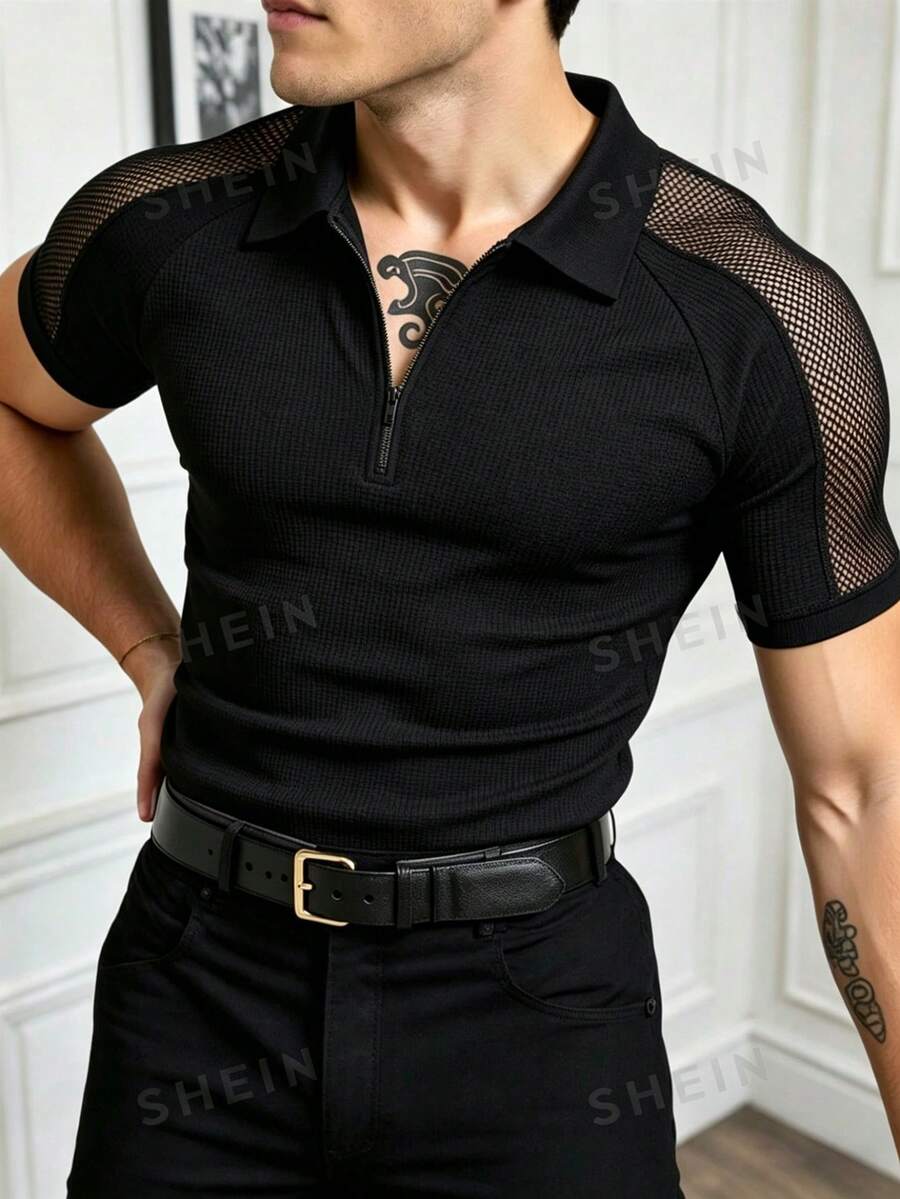 Manfinity Homme 男士夏季休闲镂空拼接 Polo 衫 - 黑色 - 查看 1