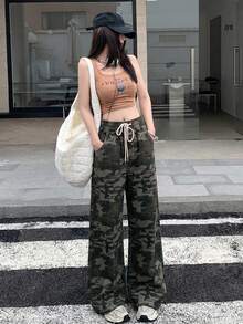DAZY 女士迷彩抽绳腰带口袋阔腿牛仔裤 - 軍綠色 - 查看 4