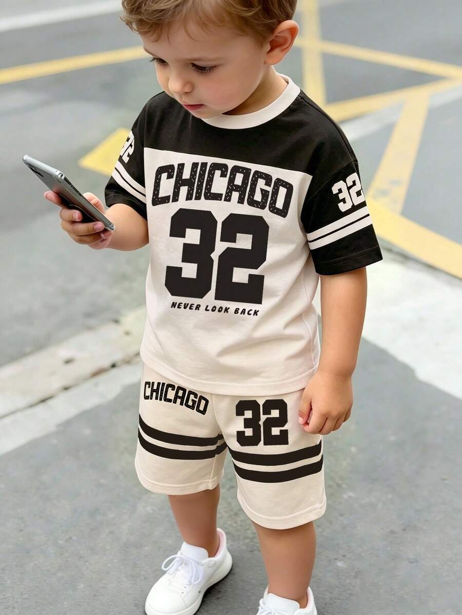 Bộ 2 món cho bé trai, kiểu dáng thường ngày, in số 32 Chicago sọc đen trắng, gồm áo thun ngắn tay và quần short, thoải mái mặc hàng ngày vào mùa xuân, hè và thu. - Nhiều màu - Xem 1