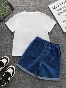 SHEIN 2件套儿童男童休闲百搭舒适圆领宽松短袖针织T恤和牛仔短裤套装 - 彩色 - 查看 3