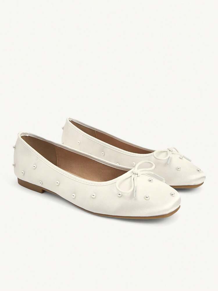 CUCCOO CHICEST Women Shoes Spring Summer Satin Pearl Decorative Small Bow Embellished Round Head Ballet Flat Bottom, Commuter Shopping Dating Festival