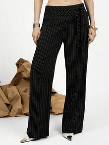 PRISCILA ESCOTO PRISCILA ESCOTO Striped Low Waist Wide Leg Floor Length Pants With Dual Waist Tie Decoration Black - Black - View 4