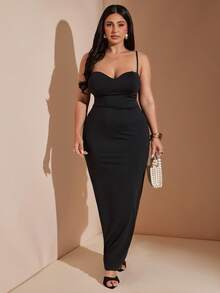 SHEIN BAE Plus Size Women's Elegant Black Sweetheart Neck Maxi Dress,Spaghetti Strap Slim Fit Bodycon Evening Gown,Autumn Night Out Club Party Glamorous Dress - Black - View 3
