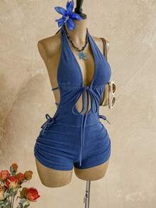 Soleia Women's Backless Halter Denim Romper - Blue - View 5