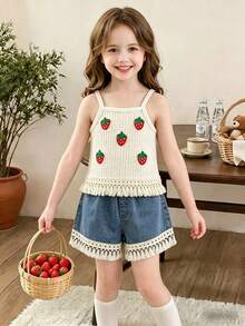 SHEIN Vintaside Kids 2pcs/Set Young Girls Strawberry Decor Tassel Hem Jacquard Vest Top & Denim Shorts,Summer Matching Outfits For Family Vacation Festival Retro Clothes - Multicolor - View 5