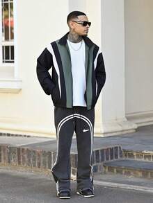 Devon Thys 棉质男士拼布前抽绳口袋休闲运动裤，男士抽绳腰部印花阔腿时尚运动裤，拉链设计拼色长款街头风格抽绳宽松运动裤，适合丈夫、男友的礼物 - 黑色 - 查看 6